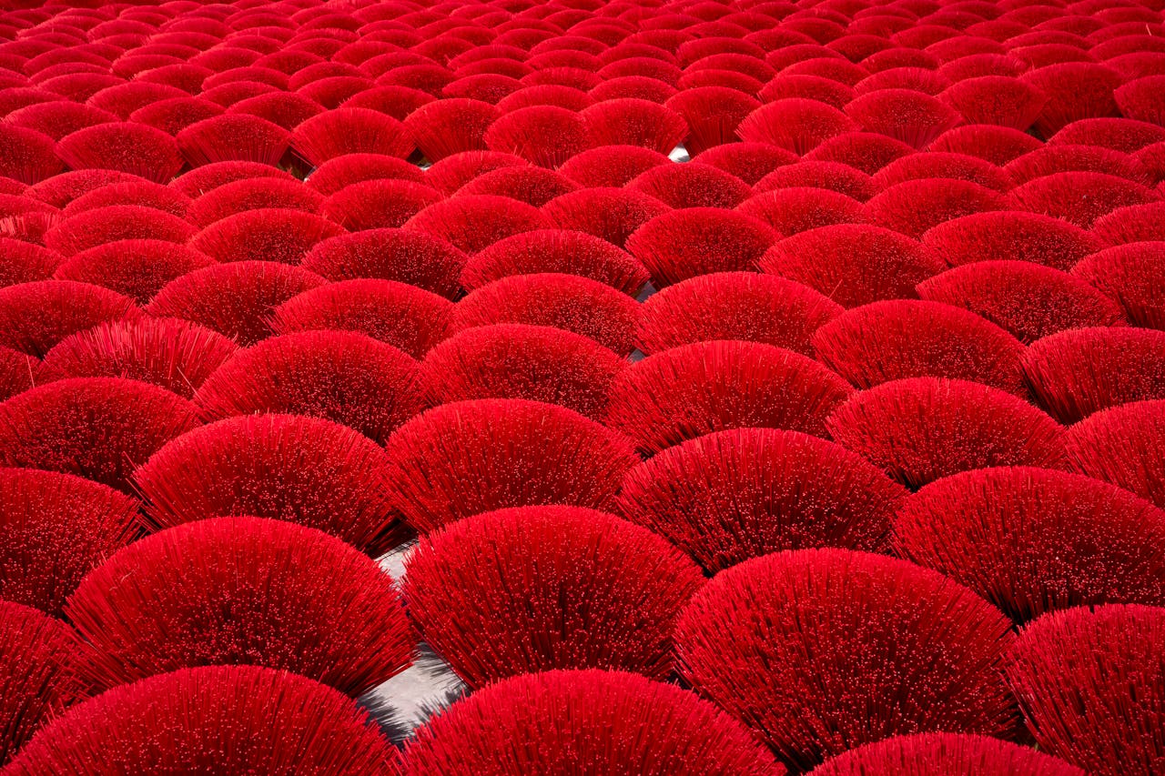 A captivating view of vibrant red incense sticks drying outdoors, showcasing traditional craftsmanship.